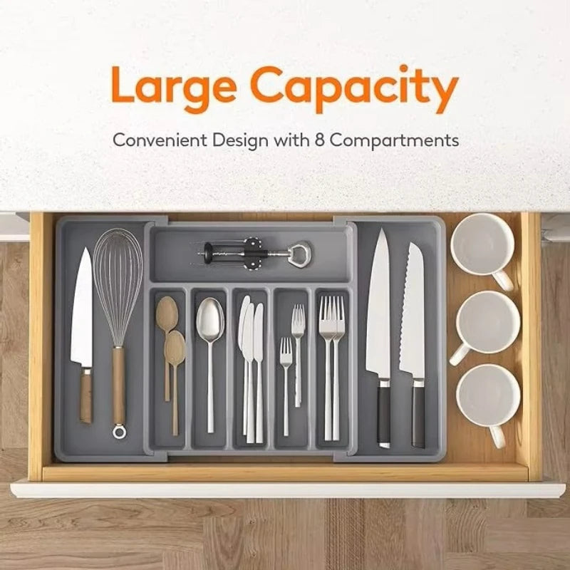 Hot Selling Cross-border spot silver case silverware storage box adjustable cutlery rack retractable plastic drawer storage