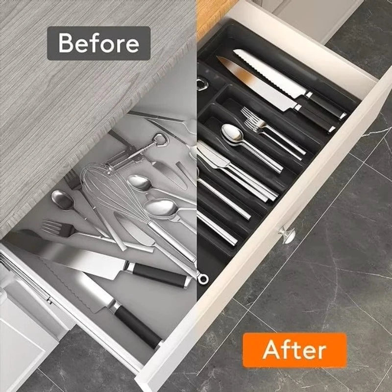 Hot Selling Cross-border spot silver case silverware storage box adjustable cutlery rack retractable plastic drawer storage