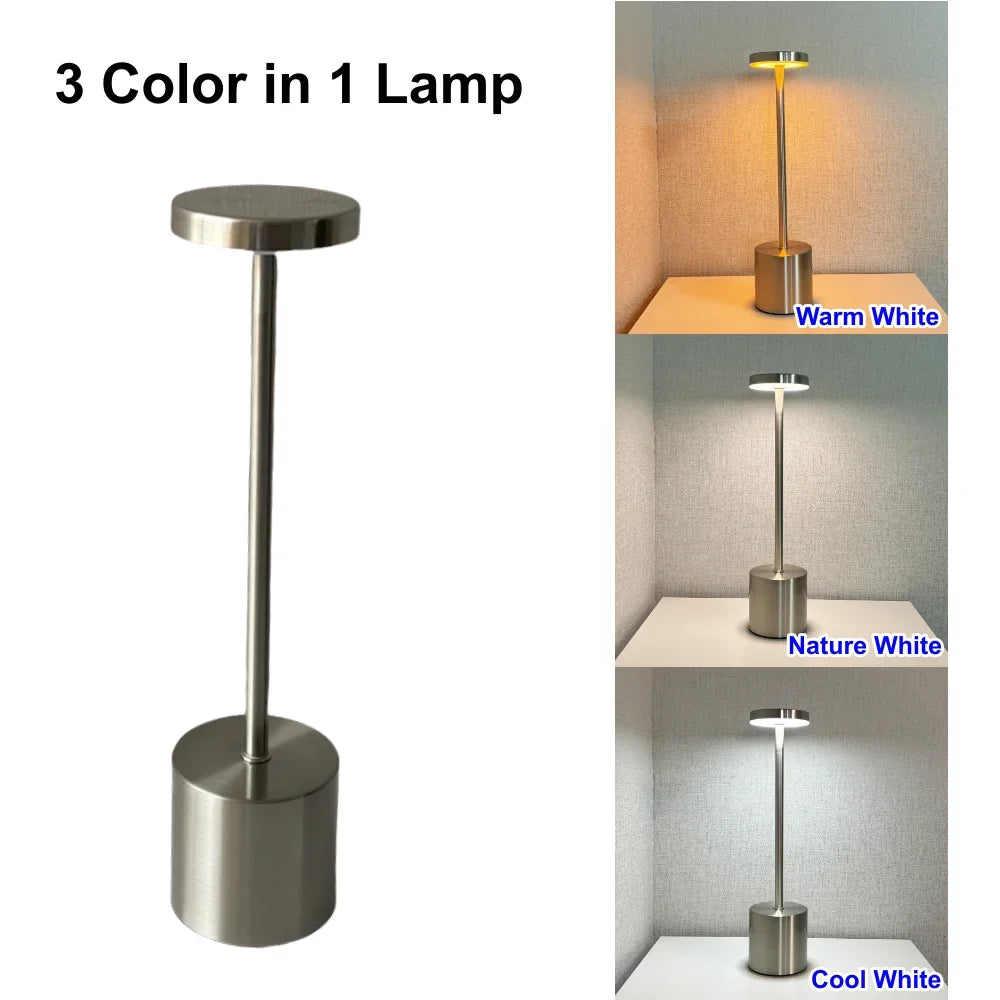 3 Colors Rechargeable Alloy Cordless LED Table Lamp Touch Switch Night Light Nordic Style Home Bar Restaurant Ambiance Desk Lamp