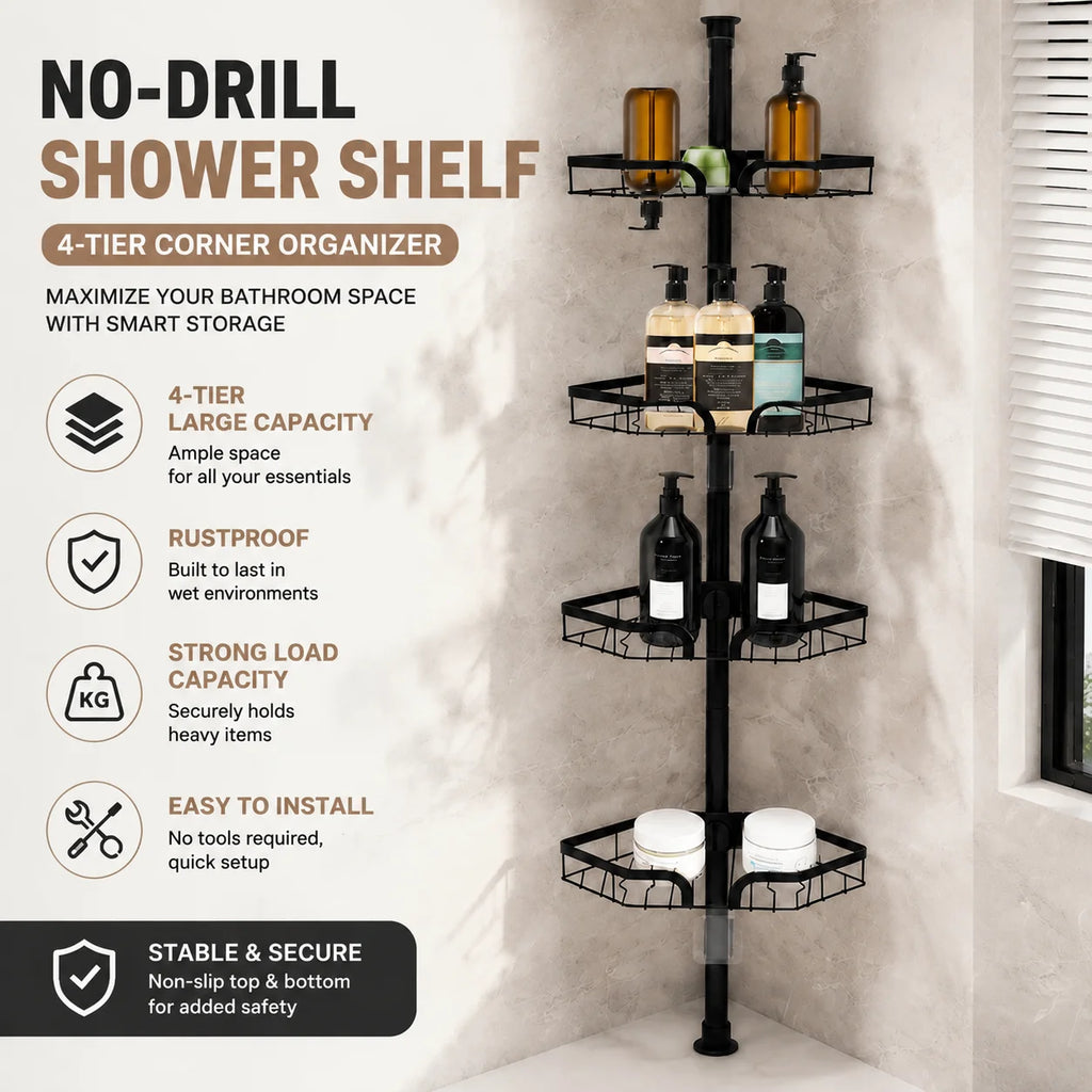 4-Tier Adjustable Telescopic Shower Rack, No Drill Caddy Corner Shower Shelf Bathroom Corner Storage, Space-Saving Organizer Bathroom