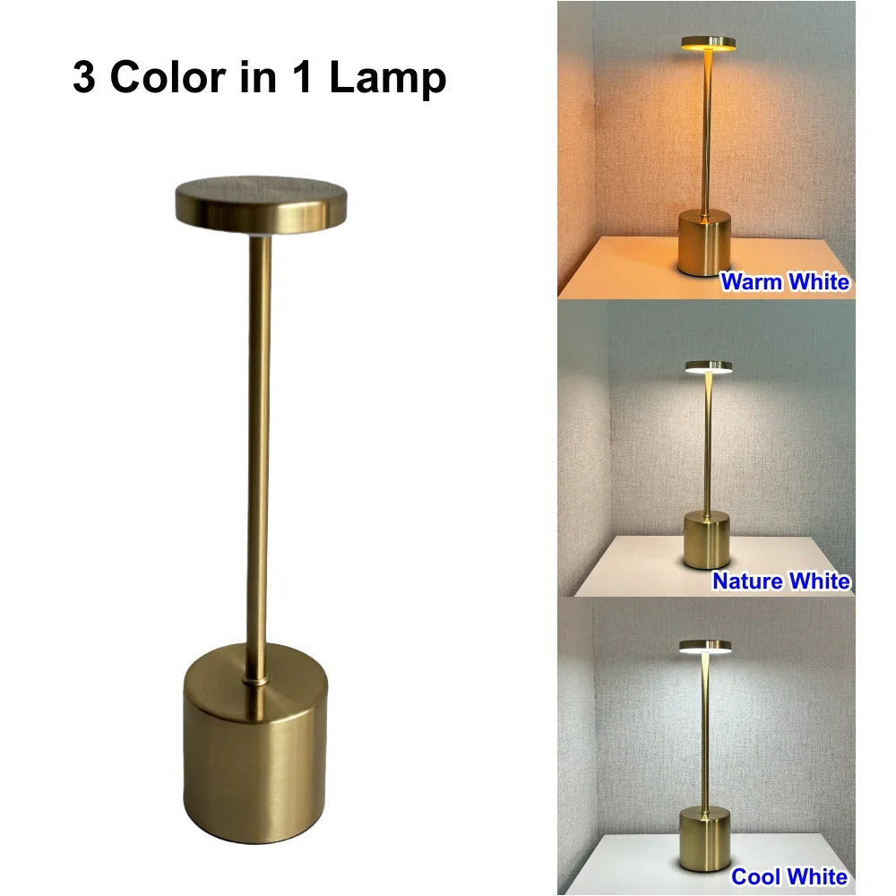 3 Colors Rechargeable Alloy Cordless LED Table Lamp Touch Switch Night Light Nordic Style Home Bar Restaurant Ambiance Desk Lamp